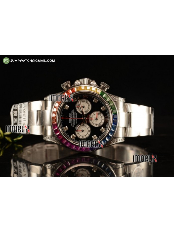 Rolex Cosmograph Daytona Rainbow Diamond SS Black Dial on Bracelet Swiss Valjoux 7750