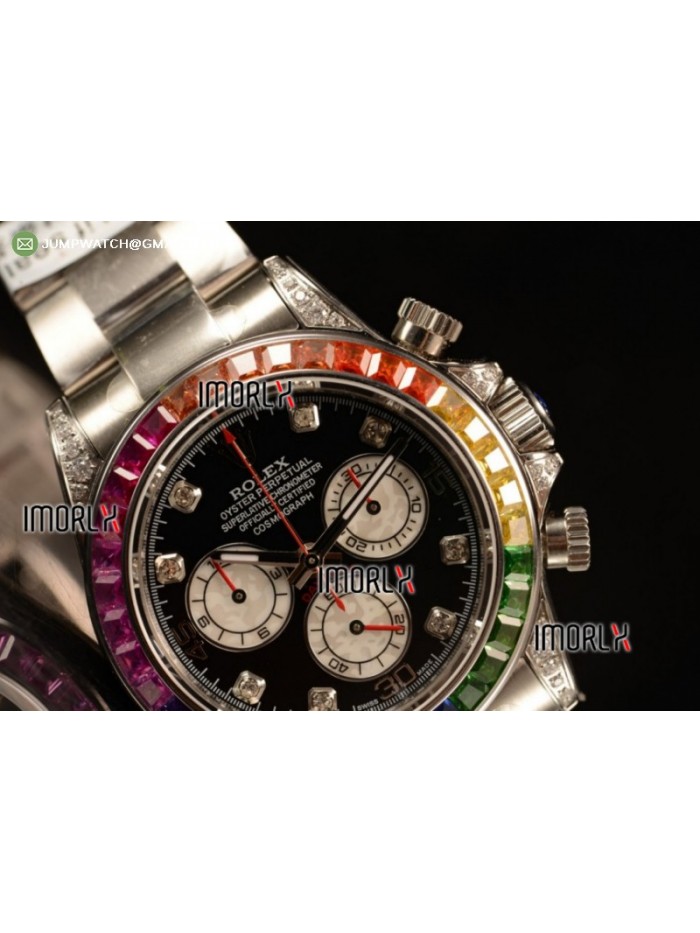 Rolex Cosmograph Daytona Rainbow Diamond SS Black Dial on Bracelet Swiss Valjoux 7750