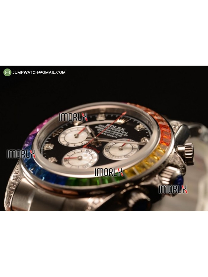 Rolex Cosmograph Daytona Rainbow Diamond SS Black Dial on Bracelet Swiss Valjoux 7750