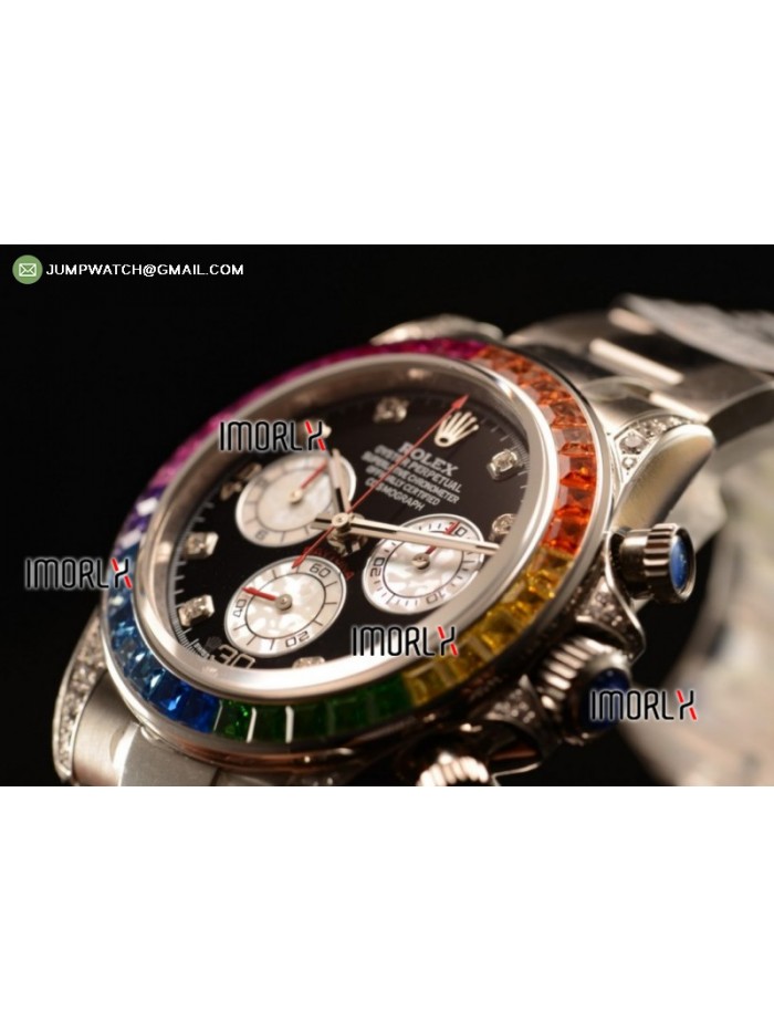 Rolex Cosmograph Daytona Rainbow Diamond SS Black Dial on Bracelet Swiss Valjoux 7750