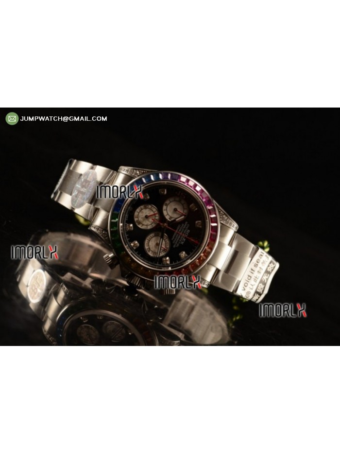Rolex Cosmograph Daytona Rainbow Diamond SS Black Dial on Bracelet Swiss Valjoux 7750
