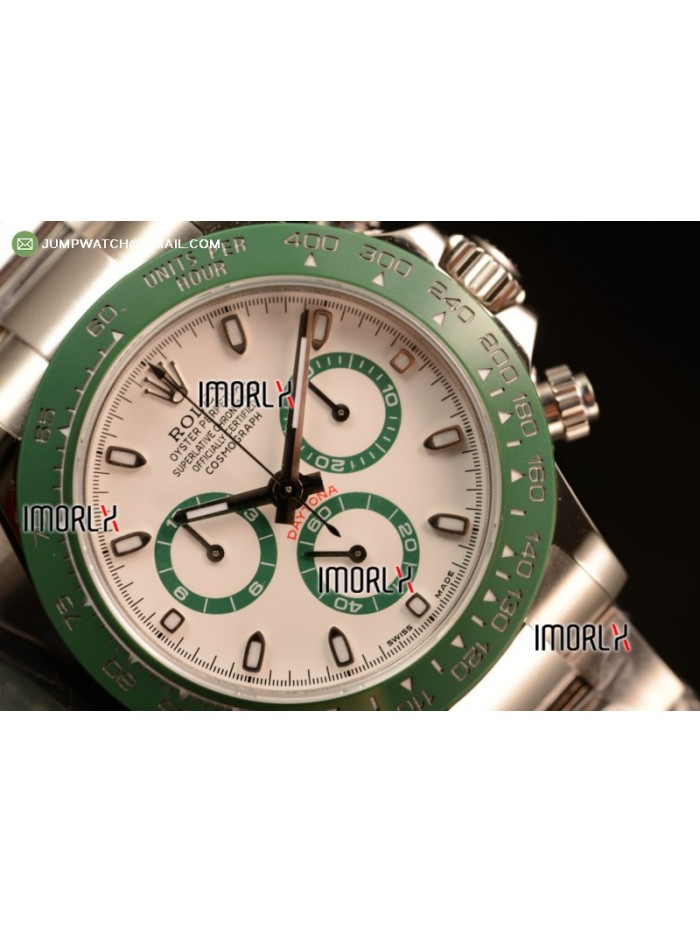 Daytona Green Ceramic Bezel SS/White Dial Stick Marker A7750 @ 6