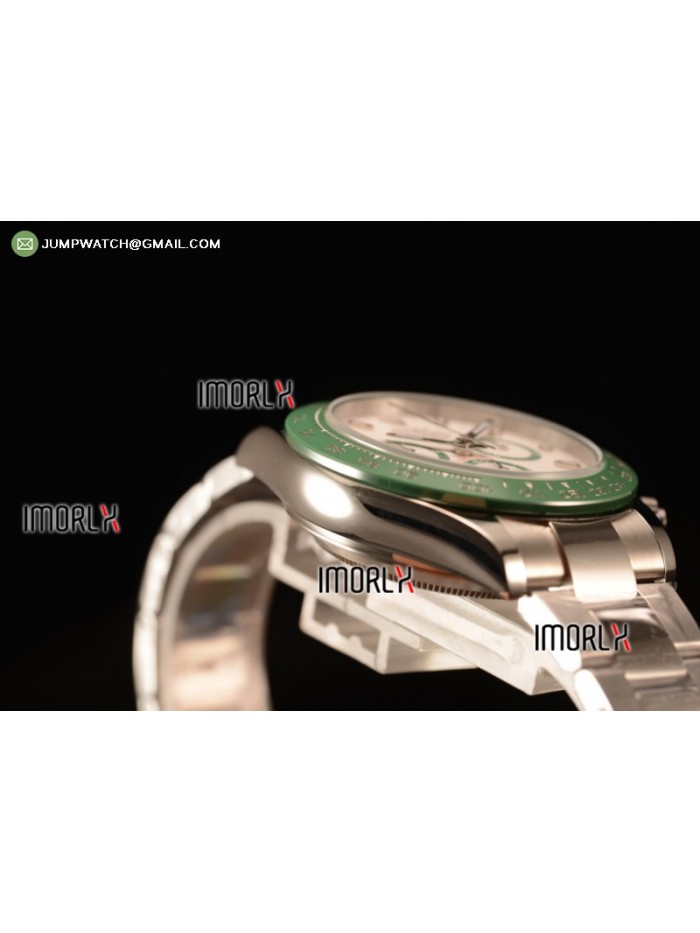 Daytona Green Ceramic Bezel SS/White Dial Stick Marker A7750 @ 6