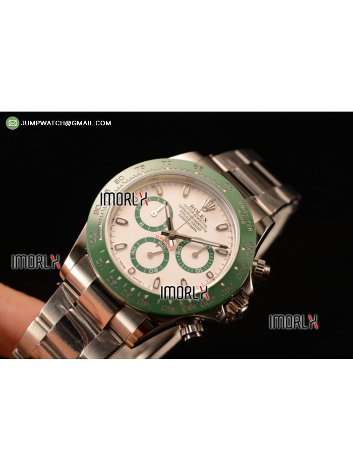 Daytona Green Ceramic Bezel SS/White Dial Stick Marker A7750 @ 6