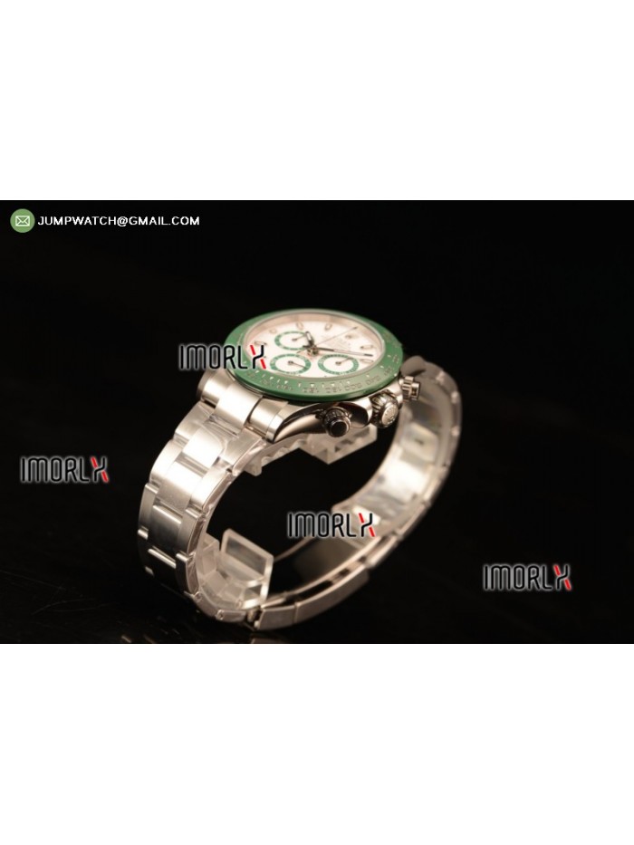 Daytona Green Ceramic Bezel SS/White Dial Stick Marker A7750 @ 6