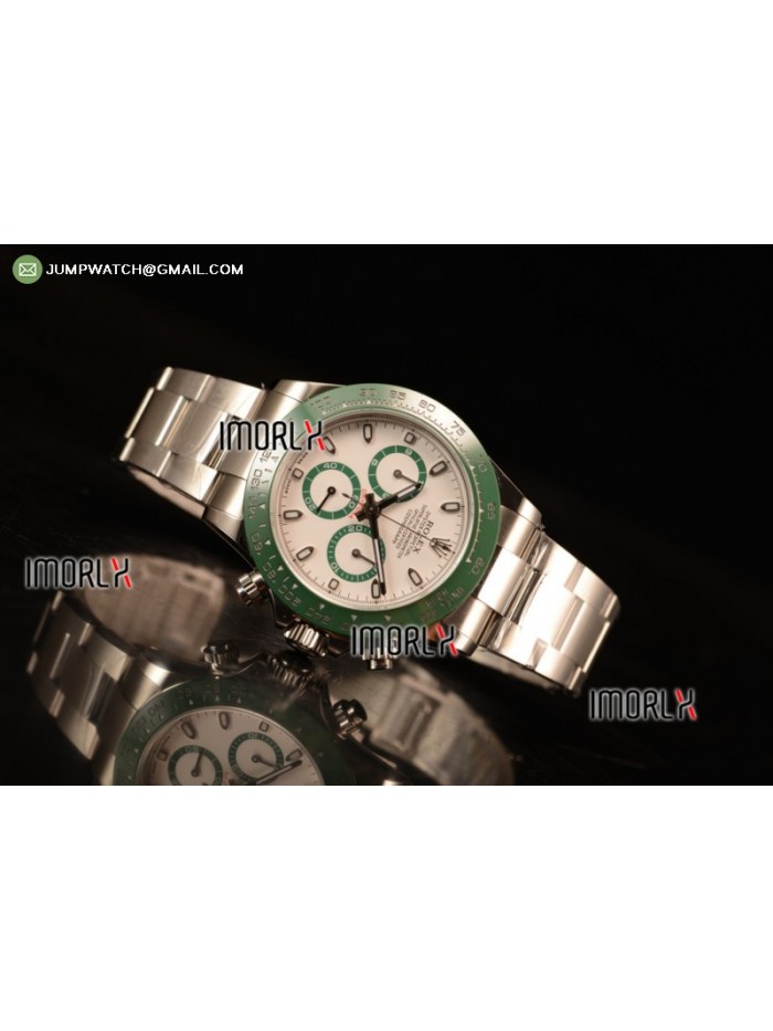 Daytona Green Ceramic Bezel SS/White Dial Stick Marker A7750 @ 6