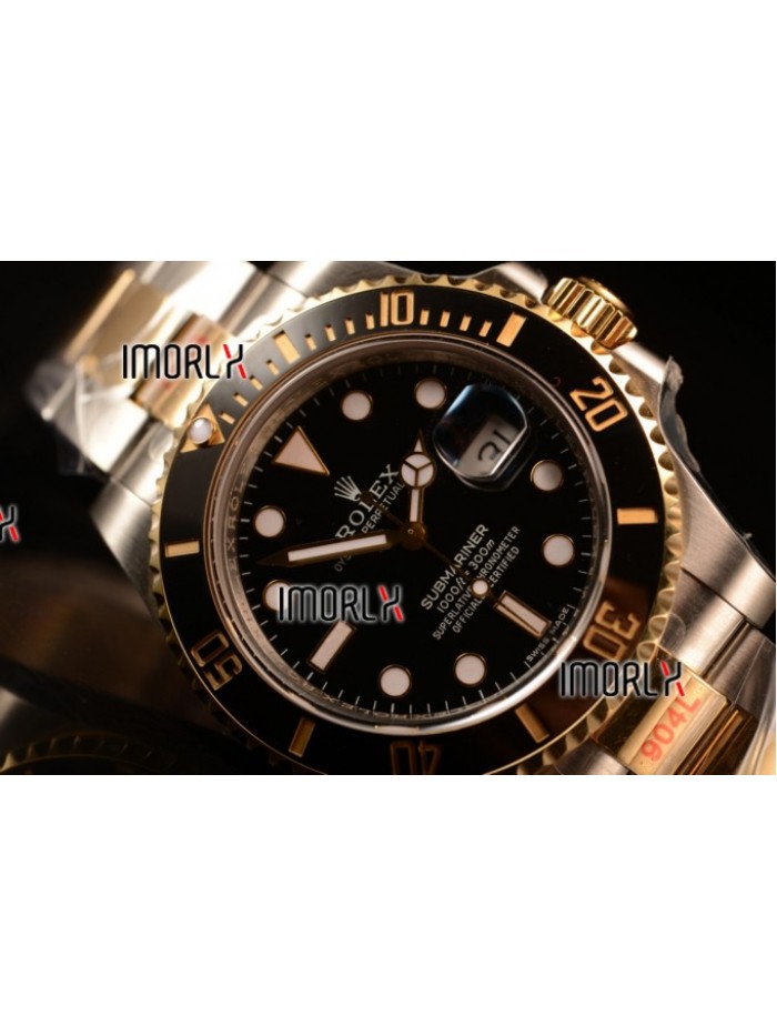 Top Quality Rolex Submariner Two Tone Case Black Dial Dots Markers Two Tone Bracelet 116613BK