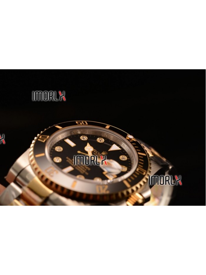 Top Quality Rolex Submariner Two Tone Case Black Dial Diamonds Markers Two Tone Bracelet 116613BKD
