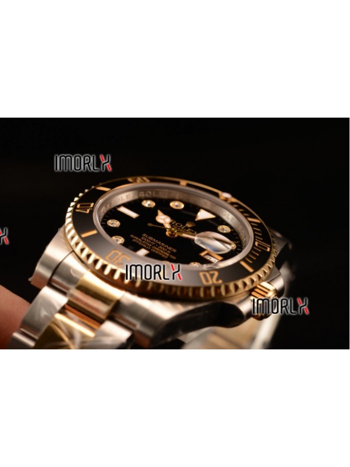 Top Quality Rolex Submariner Two Tone Case Black Dial Diamonds Markers Two Tone Bracelet 116613BKD