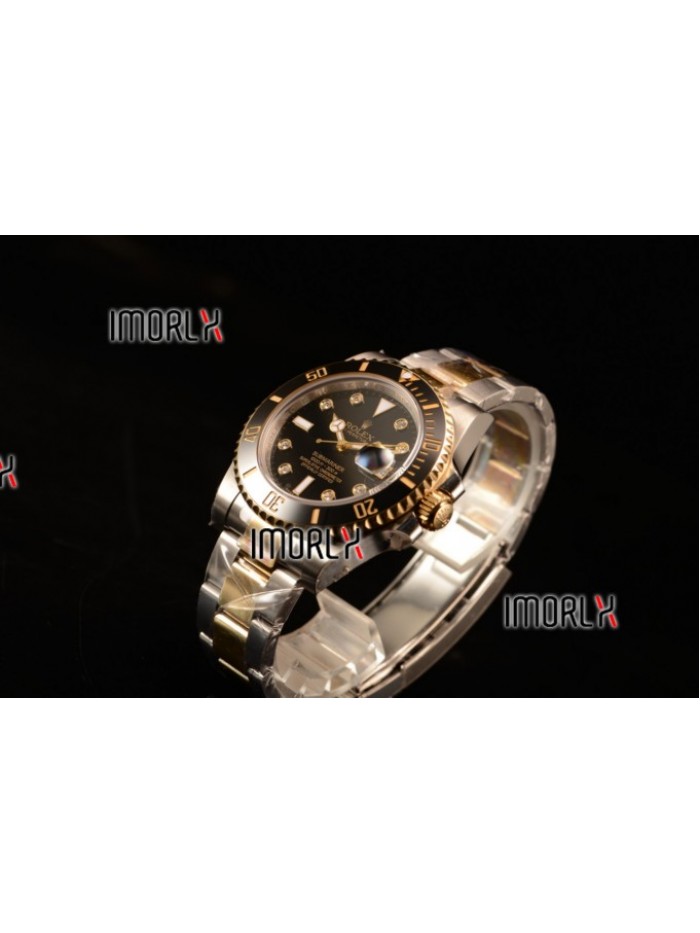 Top Quality Rolex Submariner Two Tone Case Black Dial Diamonds Markers Two Tone Bracelet 116613BKD