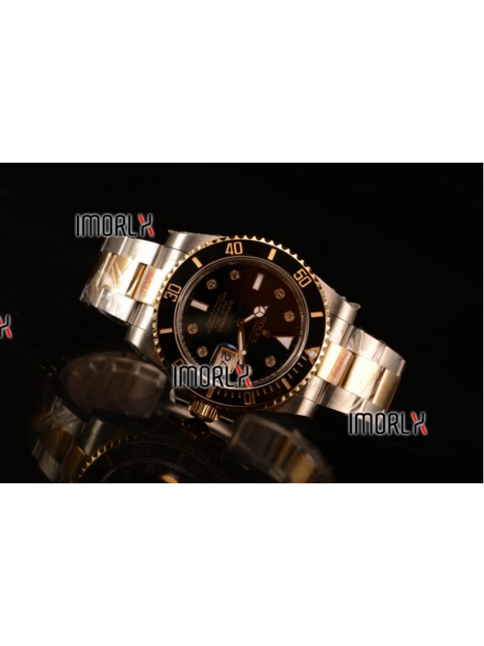 Top Quality Rolex Submariner Two Tone Case Black Dial Diamonds Markers Two Tone Bracelet 116613BKD
