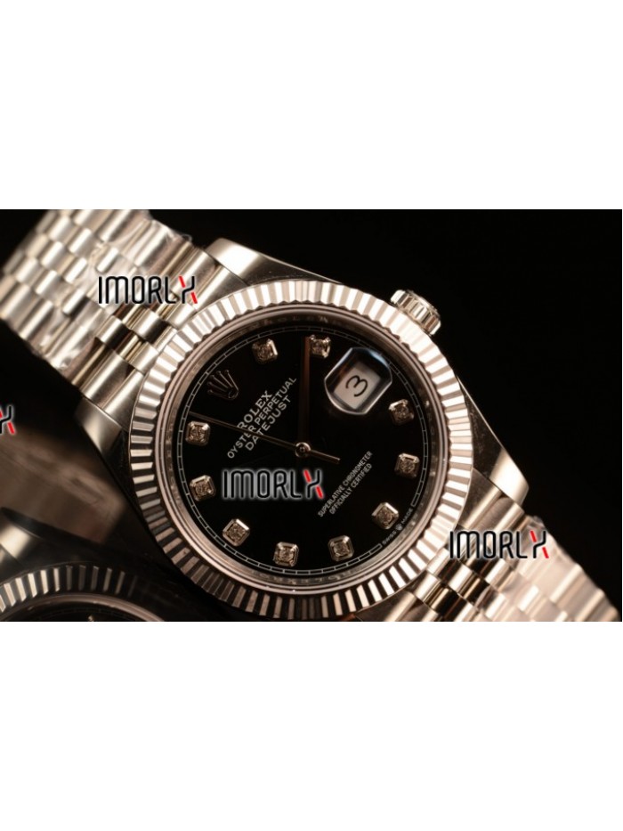 Rolex Datejust 37mm Swiss ETA 2836 Automatic Steel Case with Jubilee Steel Bezel Black Dial Diamond Steel Bracelet