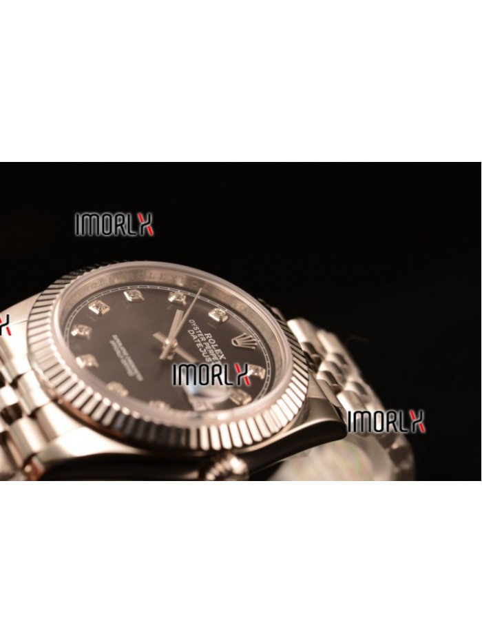 Rolex Datejust 37mm Swiss ETA 2836 Automatic Steel Case with Jubilee Steel Bezel Black Dial Diamond Steel Bracelet