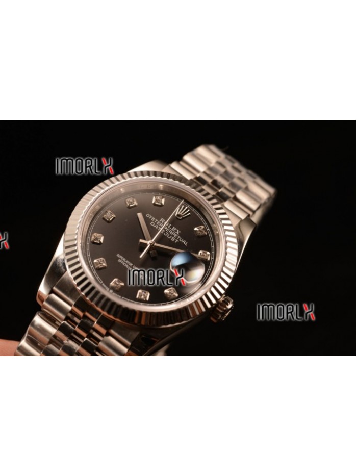 Rolex Datejust 37mm Swiss ETA 2836 Automatic Steel Case with Jubilee Steel Bezel Black Dial Diamond Steel Bracelet