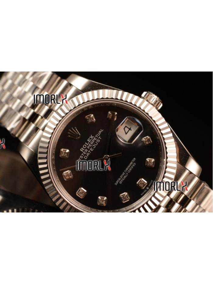 Rolex Datejust 37mm Swiss ETA 2836 Automatic Steel Case with Jubilee Steel Bezel Black Mop Dial Diamonds Steel Bracelet