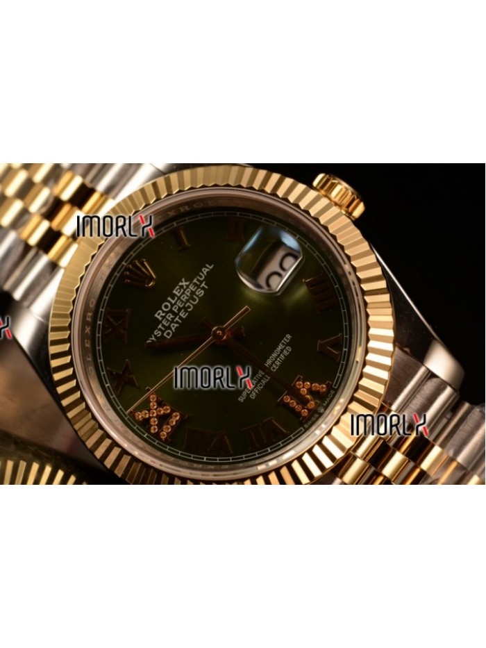 Rolex Datejust 37mm Swiss ETA 2836 Automatic Two Tone with Green Dial and Roman Diamonds Markers