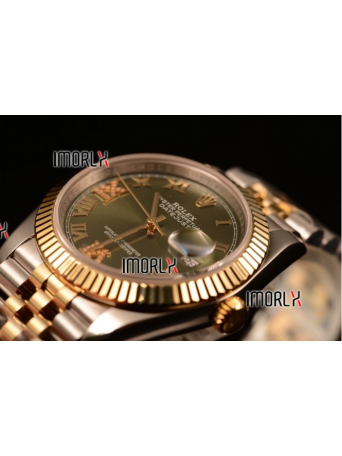 Rolex Datejust 37mm Swiss ETA 2836 Automatic Two Tone with Green Dial and Roman Diamonds Markers