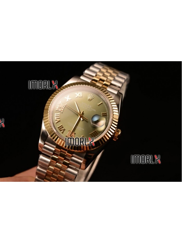 Rolex Datejust 37mm Swiss ETA 2836 Automatic Two Tone with Green Dial and Roman Diamonds Markers