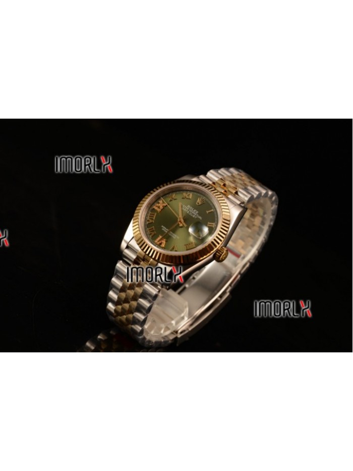 Rolex Datejust 37mm Swiss ETA 2836 Automatic Two Tone with Green Dial and Roman Diamonds Markers