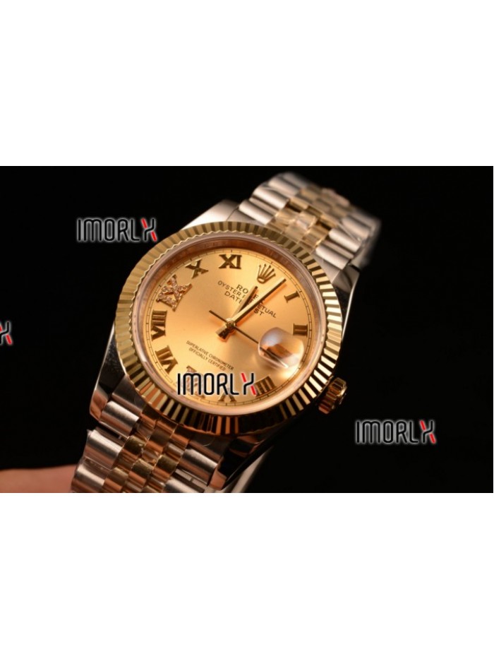 Rolex Datejust 37mm Swiss ETA 2836 Automatic Two Tone with Gold Dial and Roman Diamonds Markers