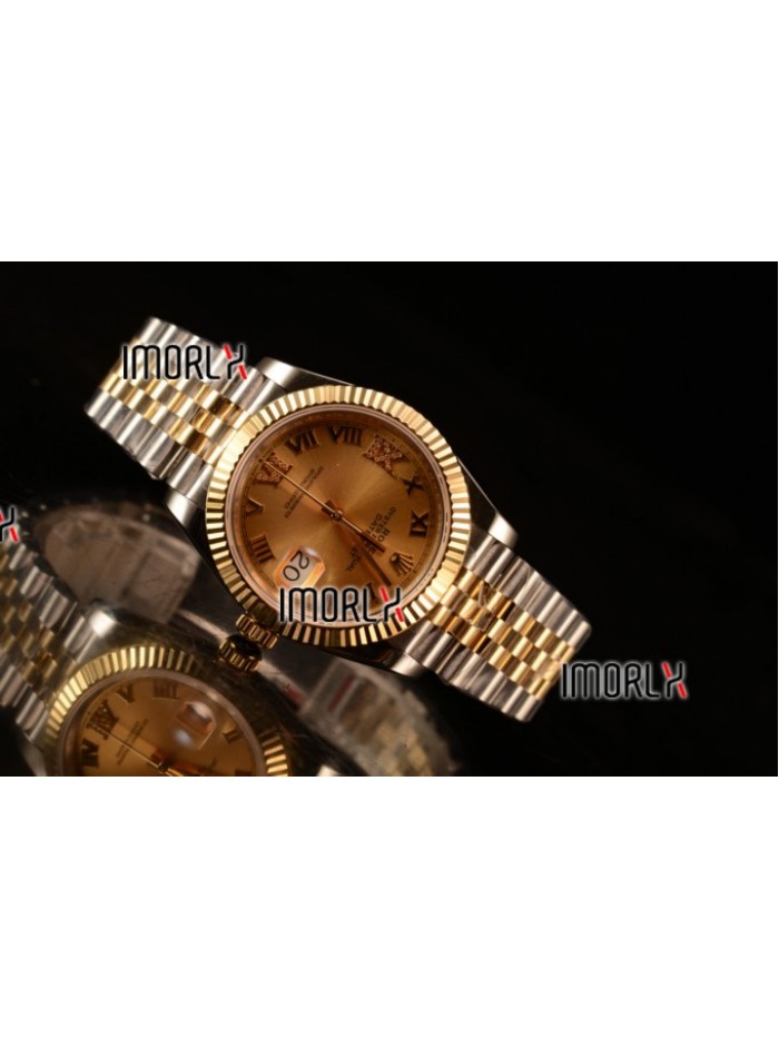 Rolex Datejust 37mm Swiss ETA 2836 Automatic Two Tone with Gold Dial and Roman Diamonds Markers