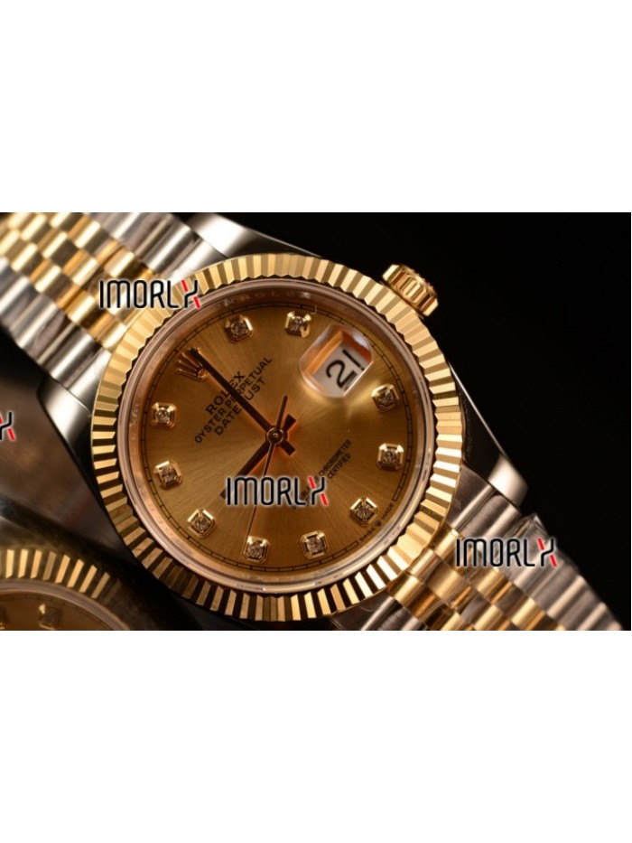 Rolex Datejust 37mm Swiss ETA 2836 Automatic Two Tone with Gold Dial and Diamonds Markers