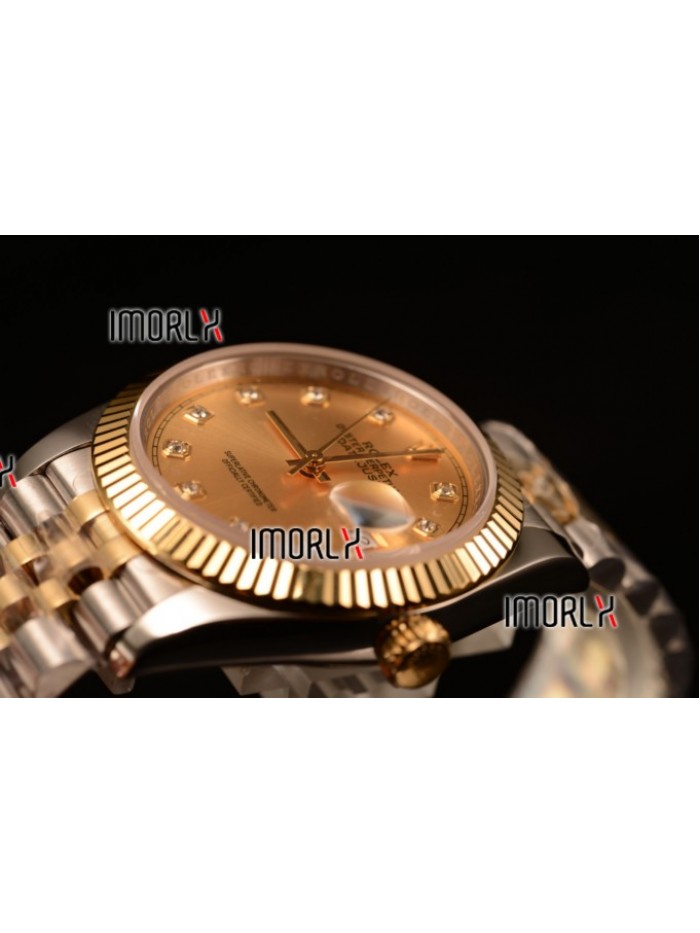 Rolex Datejust 37mm Swiss ETA 2836 Automatic Two Tone with Gold Dial and Diamonds Markers