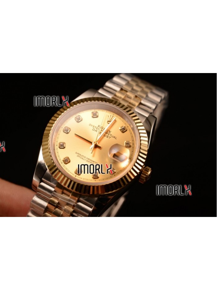 Rolex Datejust 37mm Swiss ETA 2836 Automatic Two Tone with Gold Dial and Diamonds Markers