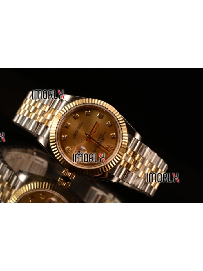 Rolex Datejust 37mm Swiss ETA 2836 Automatic Two Tone with Gold Dial and Diamonds Markers