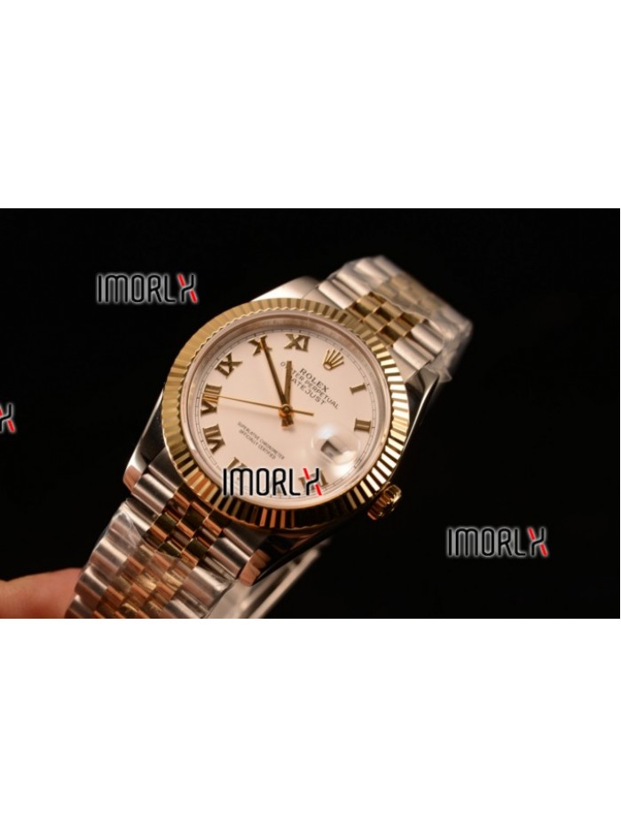 Rolex Datejust 37mm Swiss ETA 2836 Automatic Two Tone with White Dial and Roman Markers