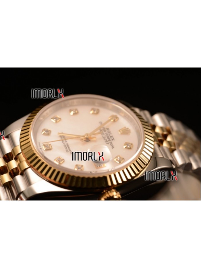 Rolex Datejust 37mm Swiss ETA 2836 Automatic Two Tone with White MOP Dial and Diamonds Markers