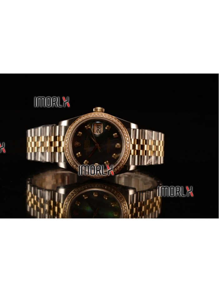 Rolex Datejust 37mm Swiss ETA 2836 Automatic Two Tone with Black MOP Dial and Diamonds Markers