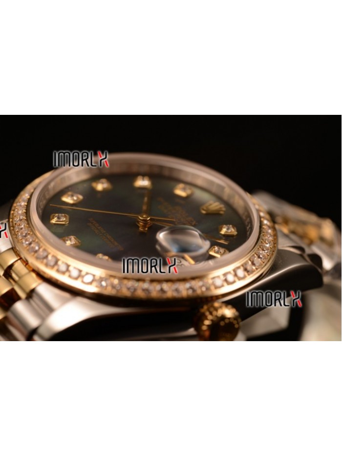 Rolex Datejust 37mm Swiss ETA 2836 Automatic Two Tone with Black MOP Dial and Diamonds Markers