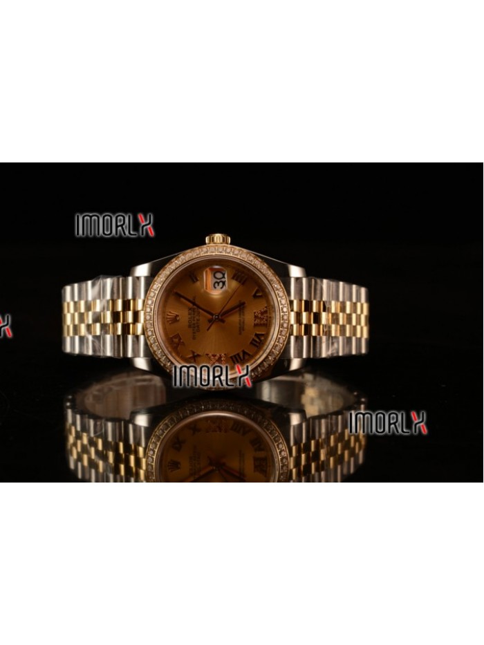Rolex Datejust 37mm Swiss ETA 2836 Automatic Two Tone with Gold Dial and Roman Diamods Markers Diamonds Bezel