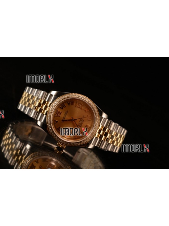 Rolex Datejust 37mm Swiss ETA 2836 Automatic Two Tone with Gold Dial and Roman Diamods Markers Diamonds Bezel