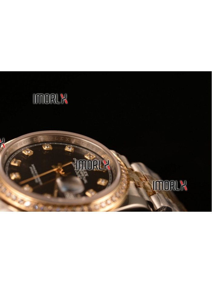 Rolex Datejust 37mm Swiss ETA 2836 Automatic Two Tone with Black Dial and Diamods Markers Diamonds Bezel