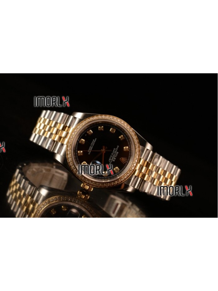 Rolex Datejust 37mm Swiss ETA 2836 Automatic Two Tone with Black Dial and Diamods Markers Diamonds Bezel