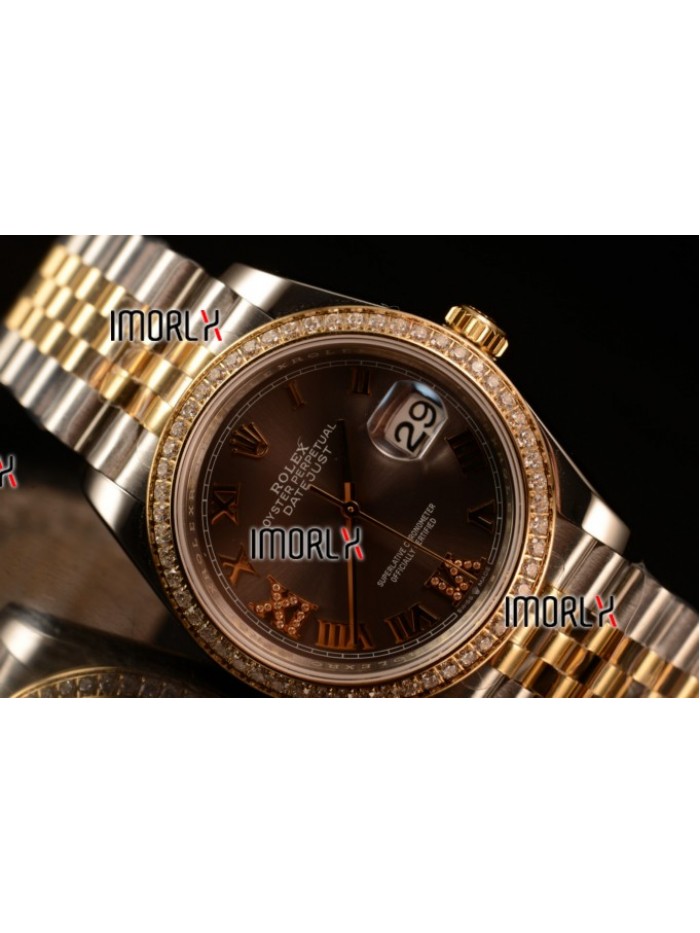 Rolex Datejust 37mm Swiss ETA 2836 Automatic Two Tone with Pink Dial and Roman Markers Diamonds Bezel