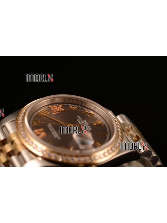 Rolex Datejust 37mm Swiss ETA 2836 Automatic Two Tone with Pink Dial and Roman Markers Diamonds Bezel
