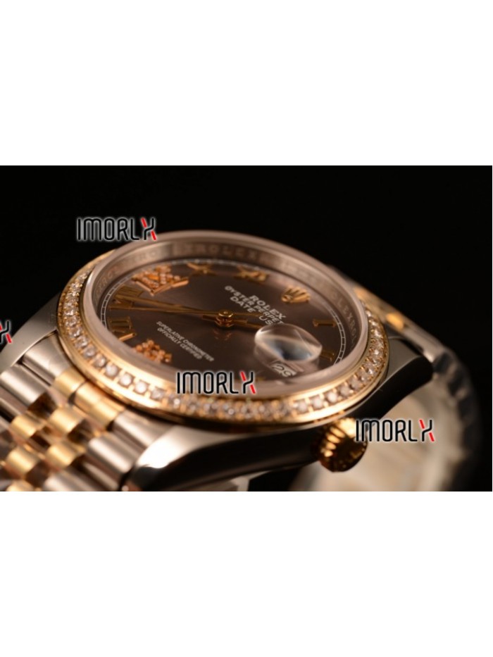 Rolex Datejust 37mm Swiss ETA 2836 Automatic Two Tone with Pink Dial and Roman Markers Diamonds Bezel