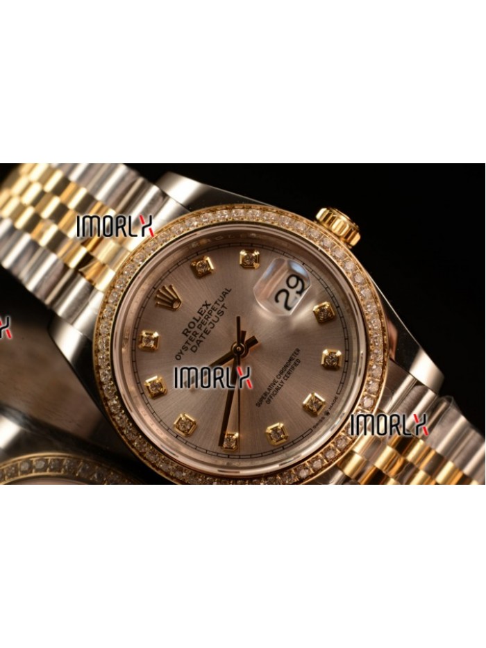 Rolex Datejust 37mm Swiss ETA 2836 Automatic Two Tone with Sliver Dial and Diamods Markers Diamonds Bezel