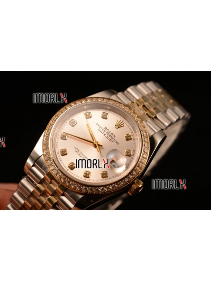 Rolex Datejust 37mm Swiss ETA 2836 Automatic Two Tone with Sliver Dial and Diamods Markers Diamonds Bezel