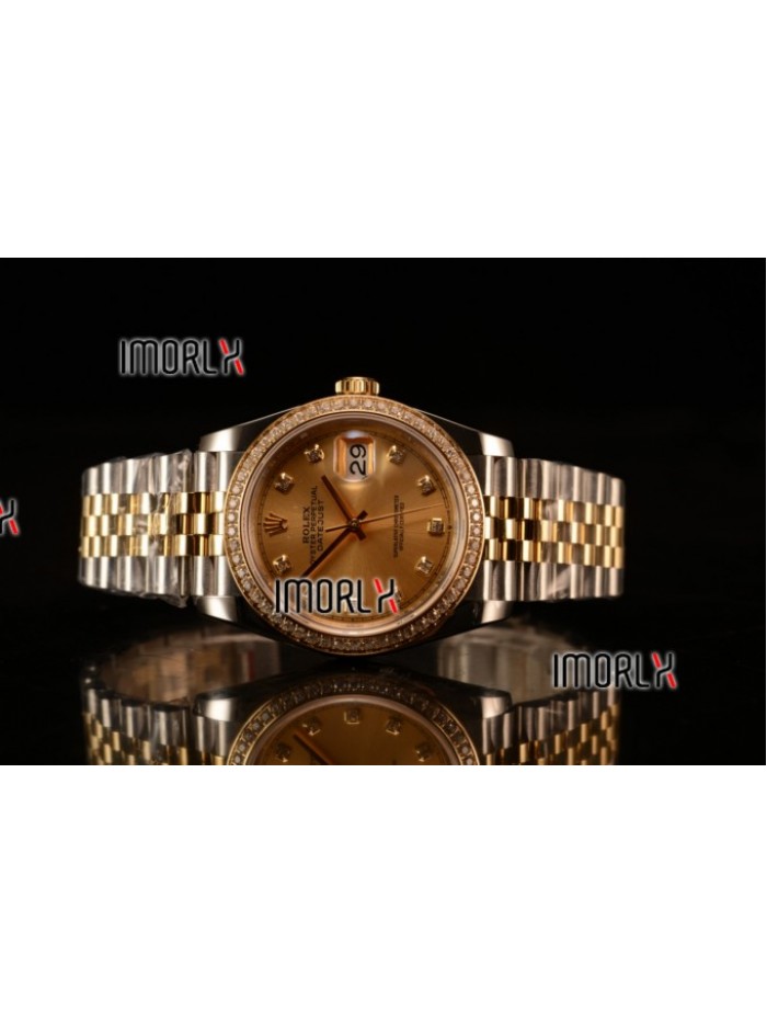 Rolex Datejust 37mm Swiss ETA 2836 Automatic Two Tone with Gold Dial and Diamods Markers Diamonds Bezel