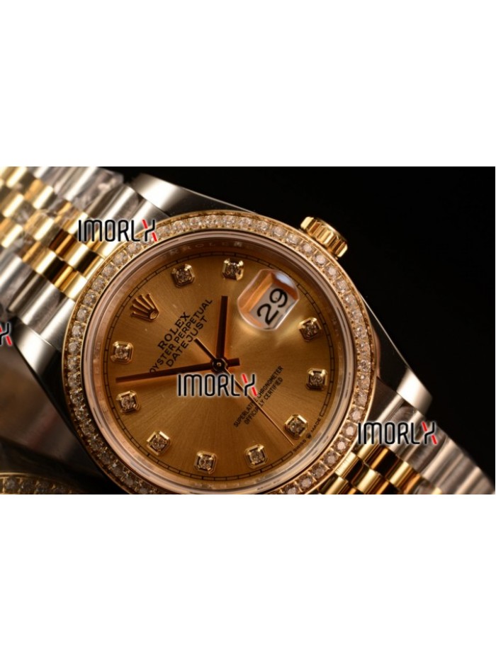 Rolex Datejust 37mm Swiss ETA 2836 Automatic Two Tone with Gold Dial and Diamods Markers Diamonds Bezel