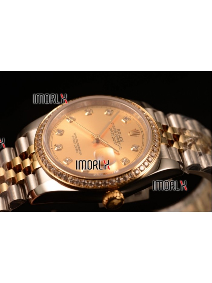 Rolex Datejust 37mm Swiss ETA 2836 Automatic Two Tone with Gold Dial and Diamods Markers Diamonds Bezel