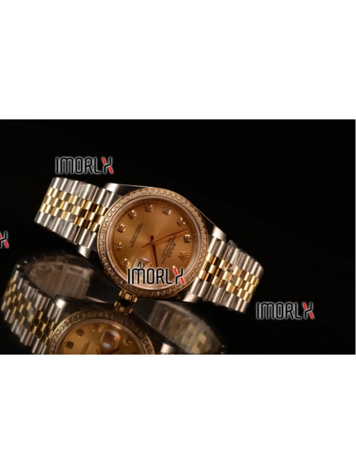 Rolex Datejust 37mm Swiss ETA 2836 Automatic Two Tone with Gold Dial and Diamods Markers Diamonds Bezel