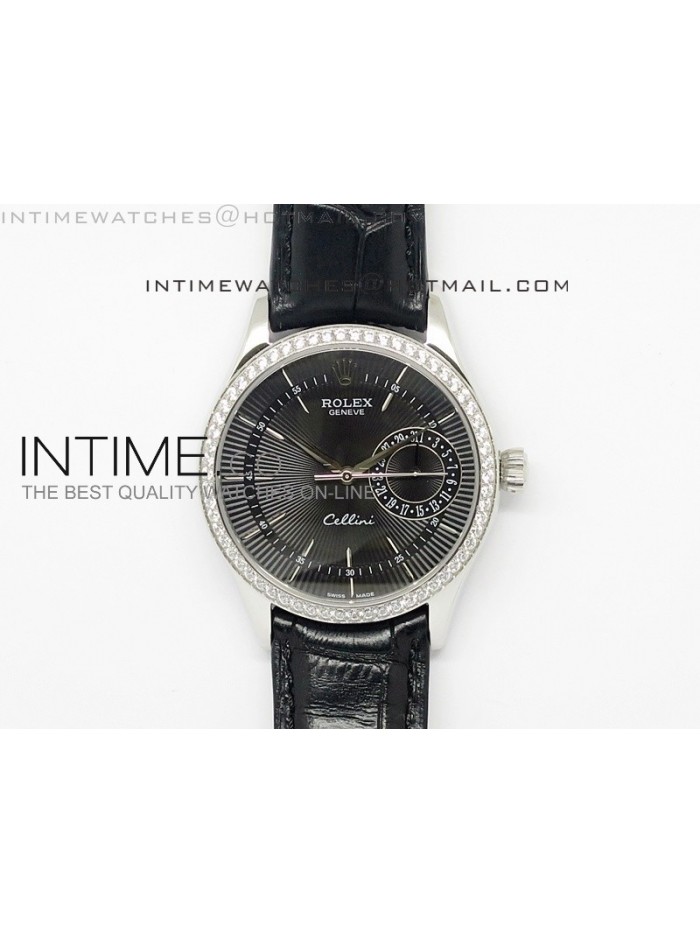 Cellini Date BP Maker SS Diam Bezel Black Dial on Black Leather Strap