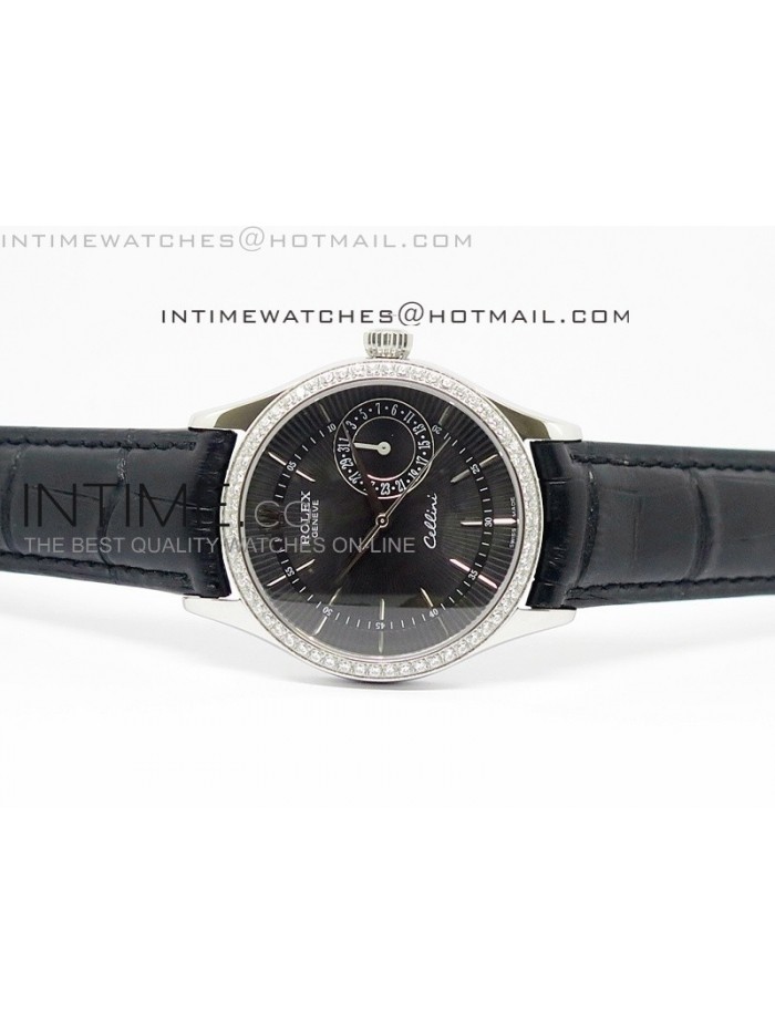 Cellini Date BP Maker SS Diam Bezel Black Dial on Black Leather Strap